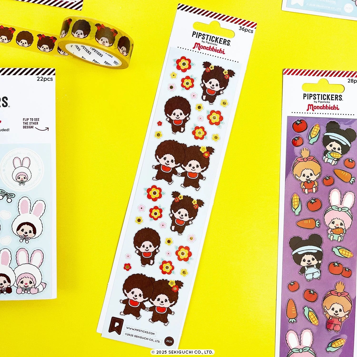 PipSticks Monchhichi PVC sticker sheet with brown-haired characters and red flower designs on white backing
