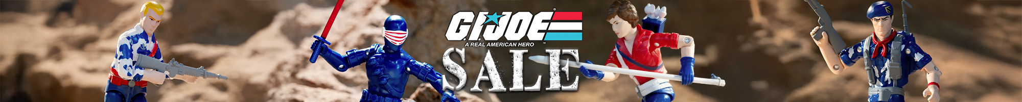 Five action figures posed in desert terrain with stylized "GI JOE" logo and "SALE" text centered above them