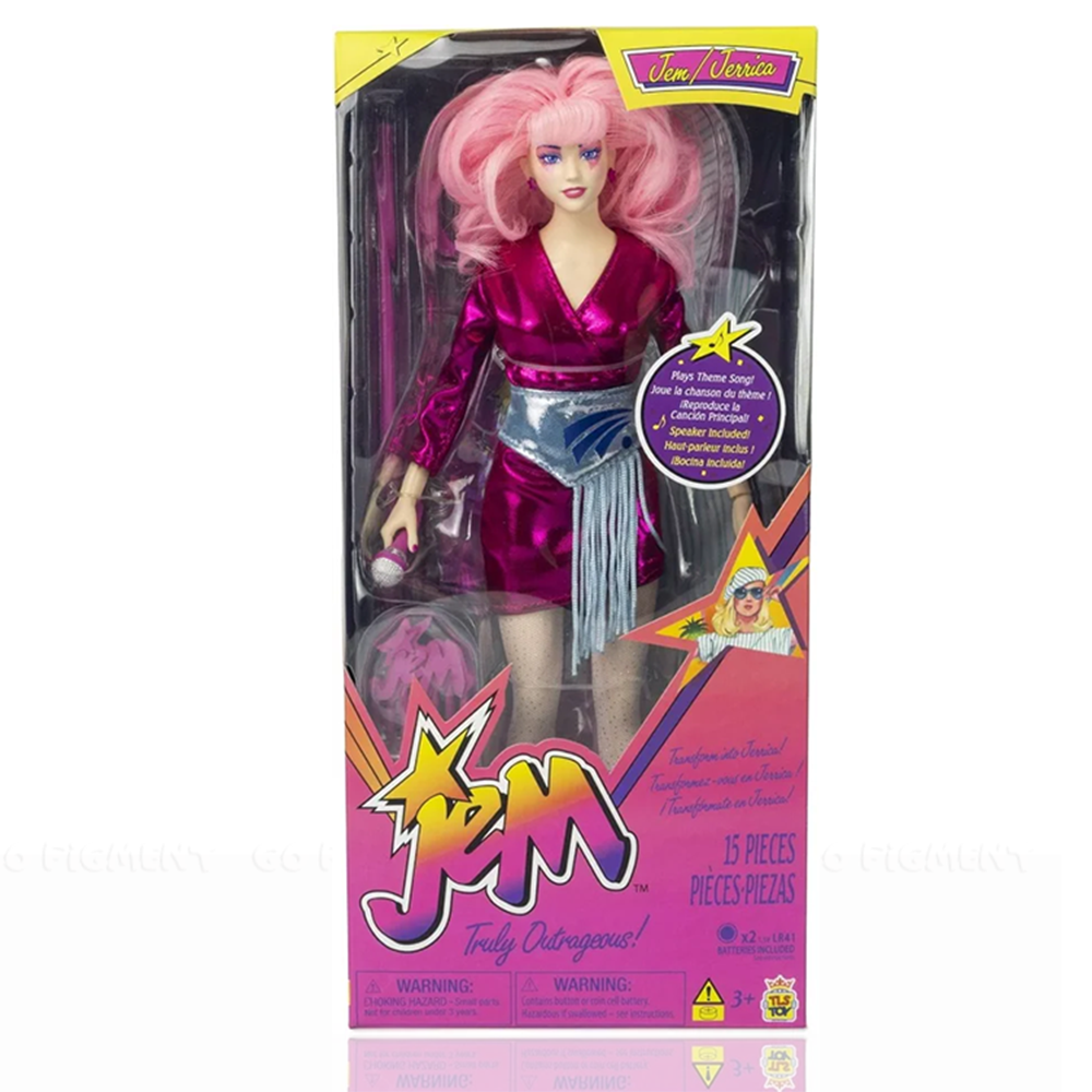 Jem and the Holograms "Jem" Fashion Doll Truly Outrageous 12 inch Doll by Loyal Subjects in pink outfit with microphone and speaker accessory