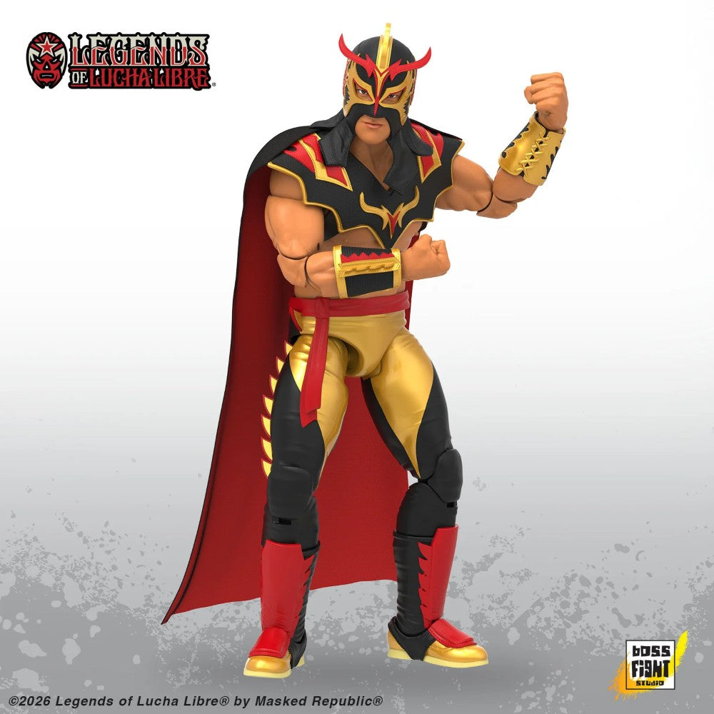 Ultimo Dragon Legends of Lucha Libre Premium 1:12 Scale 6" Action Figure by Boss Fight Studio Llc in dynamic fighting pose with cape