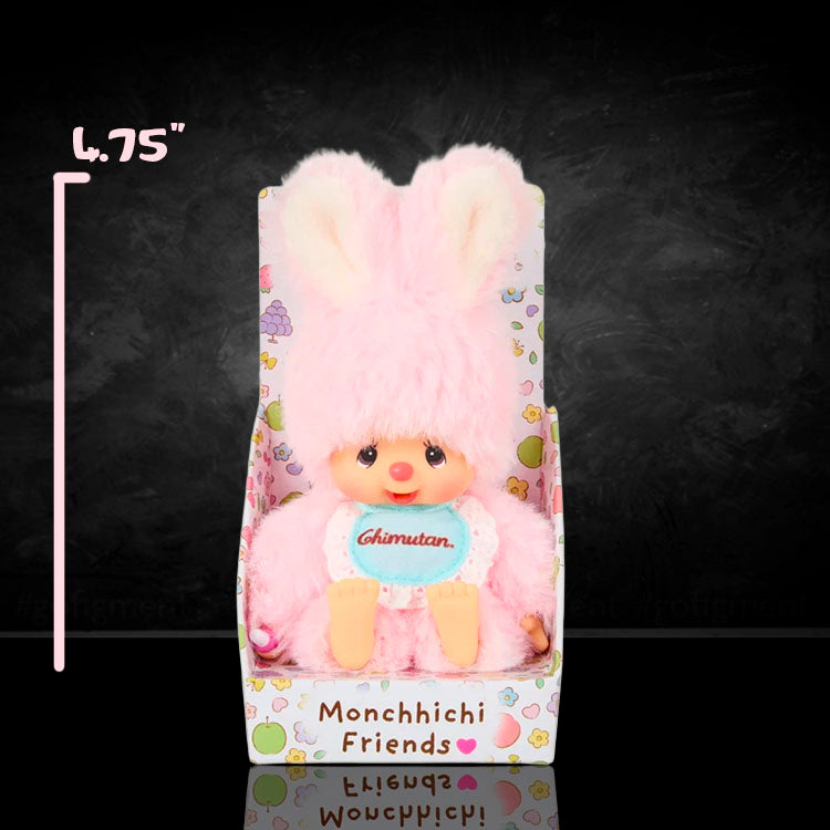 Sekiguchi Monchhichi Chimutan Plush 4.75 inch pastel pink bunny in colorful Monchhichi Friends packaging