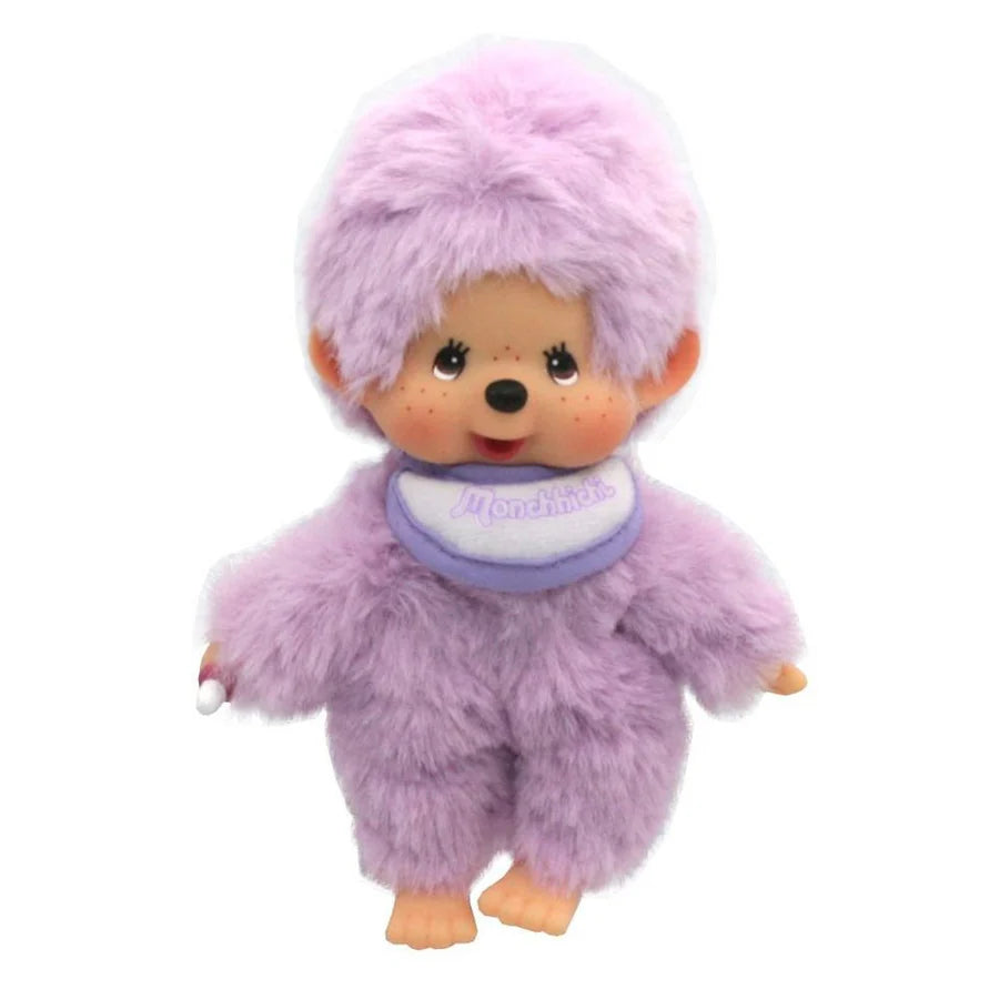 Sekiguchi Monchhichi plush in royal purple with soft fur, signature pacifier, and detailed plastic features, 5.5 inches tall.