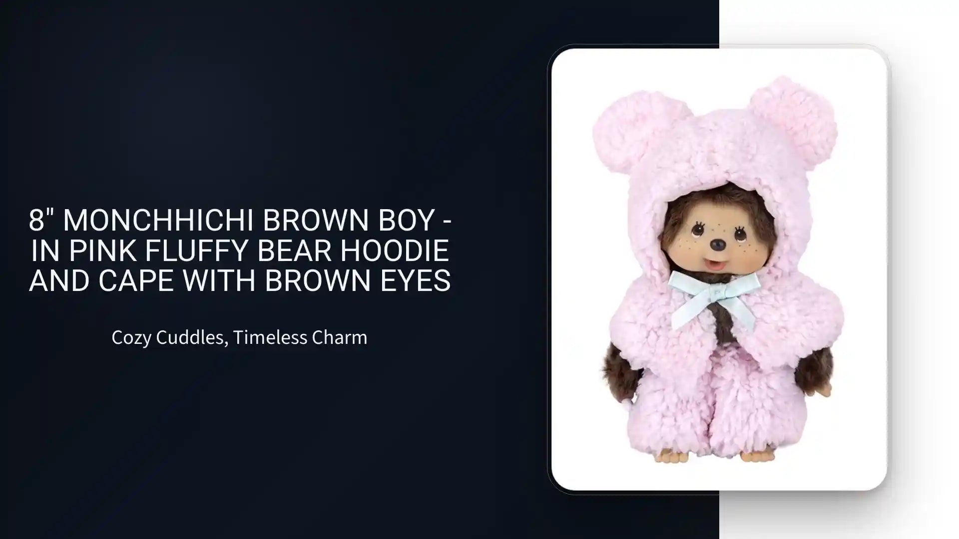 8" Monchhichi Brown Boy - in Pink Fluffy Bear Hoodie and Cape with Brown Eyes by@Outfy
