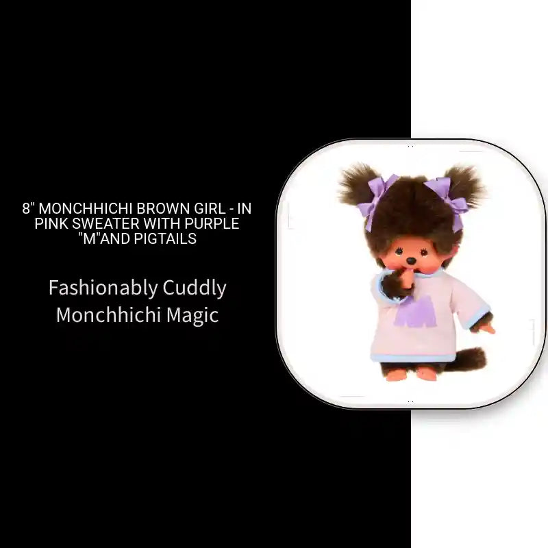 8" Monchhichi Brown Girl - in Pink Sweater with Purple "M"and Pigtails by@Outfy