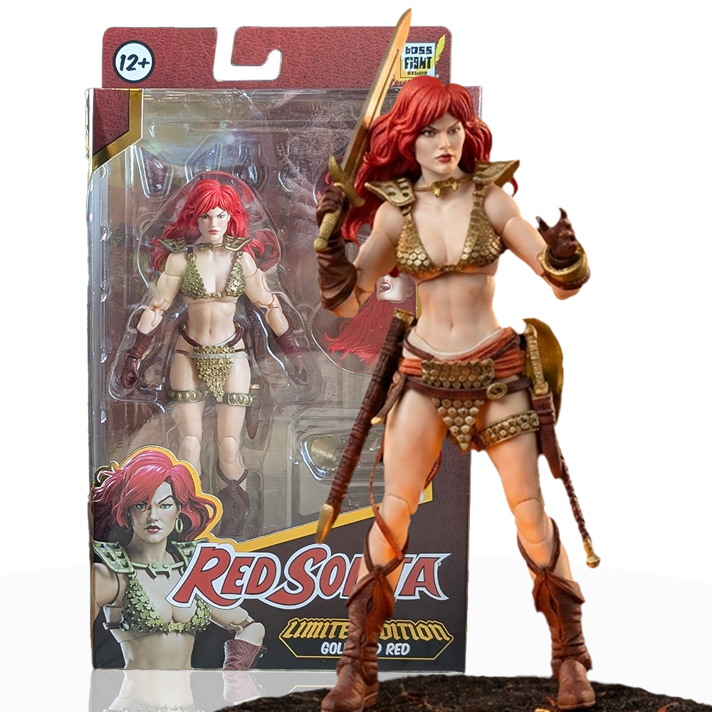 Red Sonja: Gold and Red Limited Edition Epic H.A.C.K.S. 1:12 Scale Action Figure - Boss Fight Studio posed with packaging visible behind