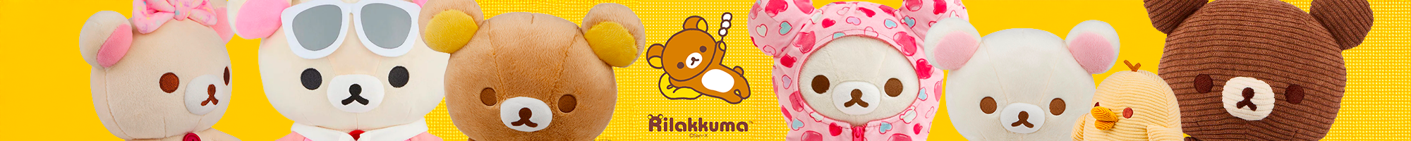 Row of cartoon bears with colorful backgrounds and Rilakkuma logo.