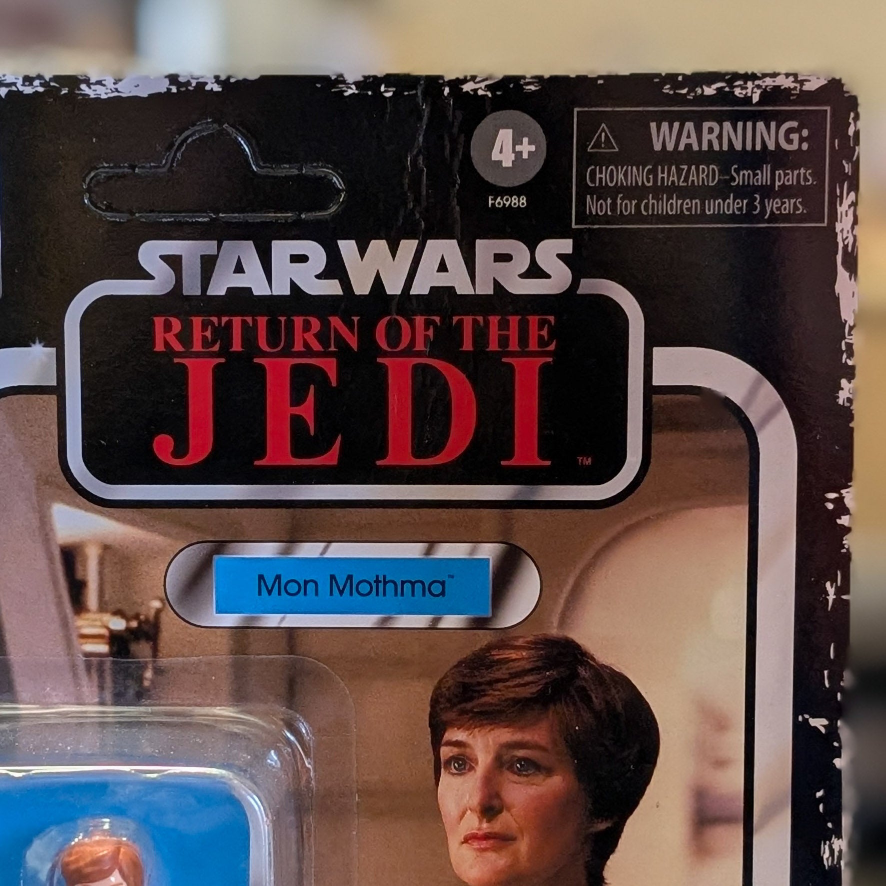 Kenner Star Wars Return of the Jedi Mon Mothma figure packaging with worn edges and display window visible