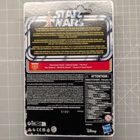 Back of Star Wars Retro Collection packaging with character names, safety information, Disney and Hasbro logos