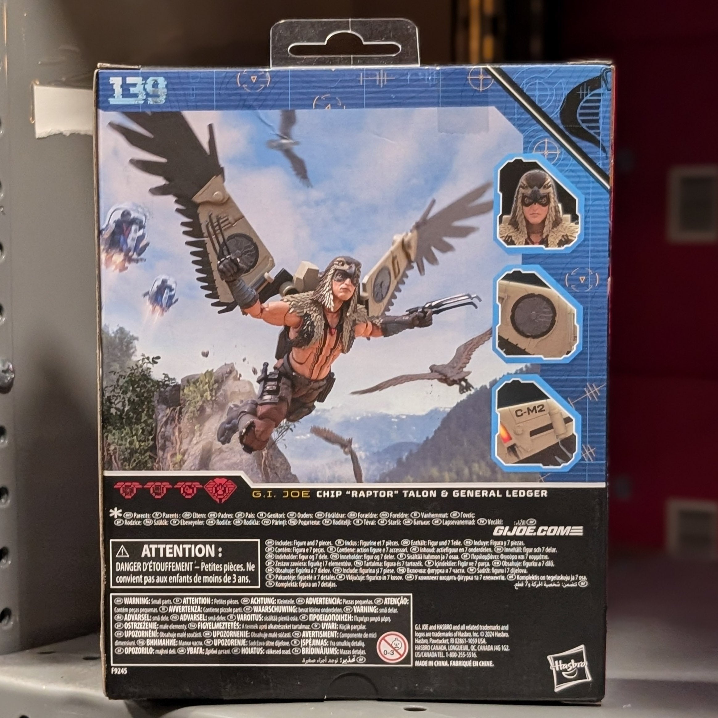 Hasbro G.I. Joe Classified Series Chip Raptor Talon flying with mechanical wings on packaging back