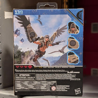 Hasbro G.I. Joe Classified Series Chip Raptor Talon flying with mechanical wings on packaging back
