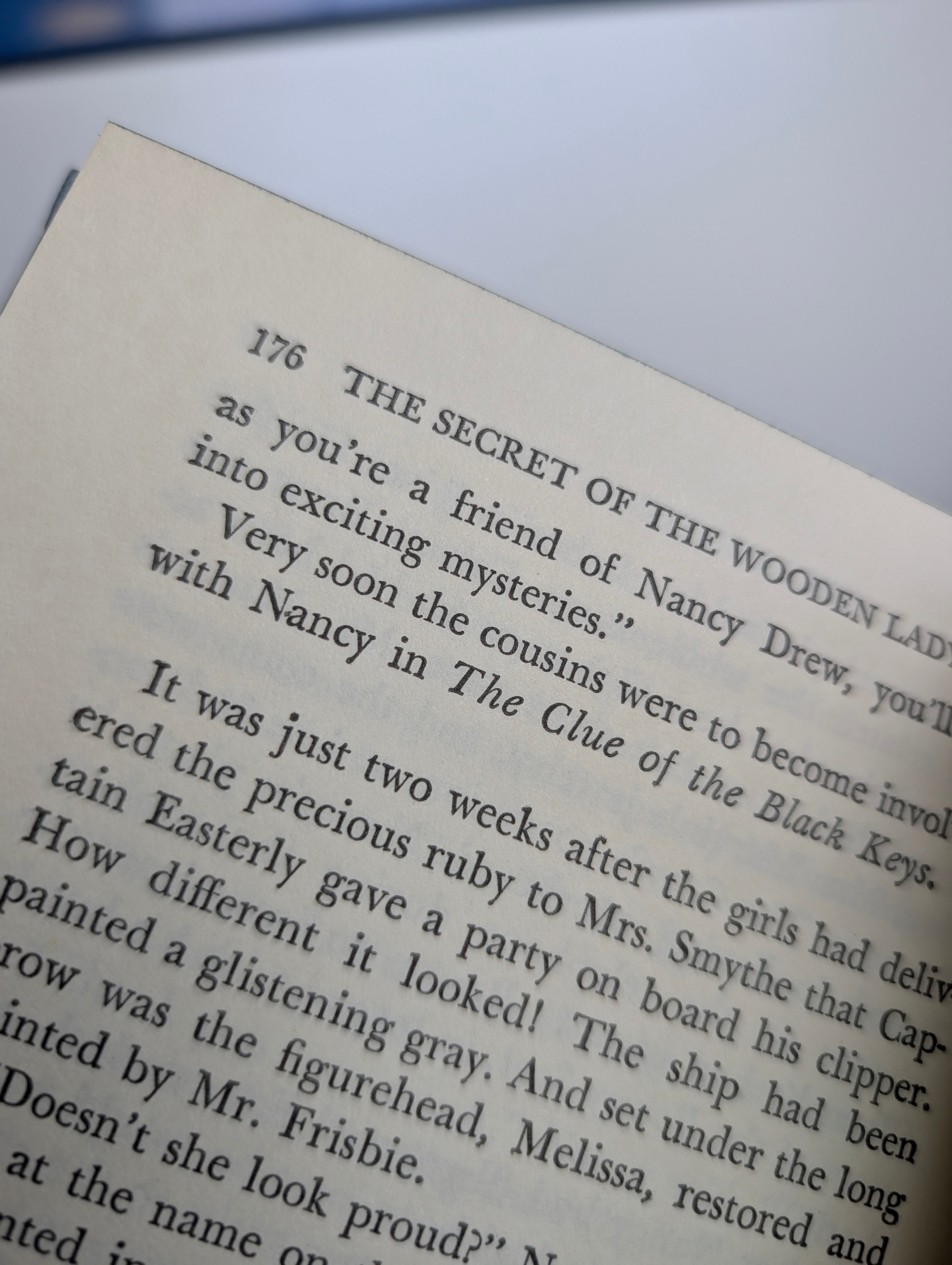 Inside page close-up of Grosset & Dunlap Nancy Drew The Secret of the Wooden Lady vintage mystery book text