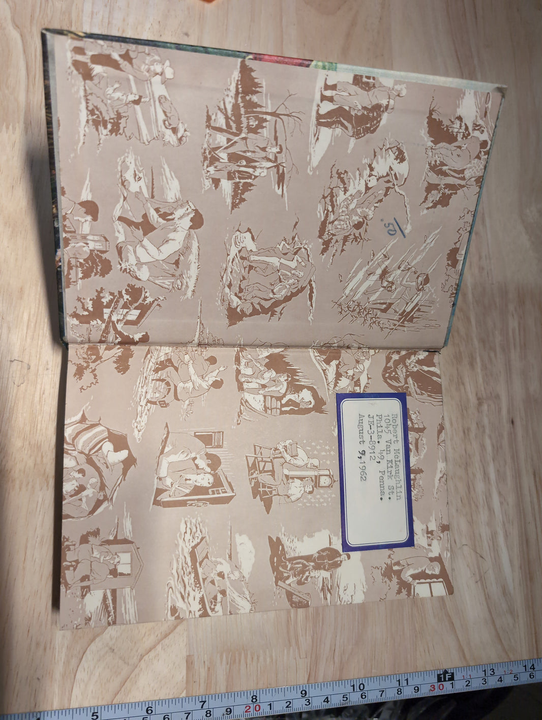 Inside cover of 1929 Hardy Boys The Secret of the Caves vintage book with illustrated endpaper and label from Grosset & Dunlap, Inc.