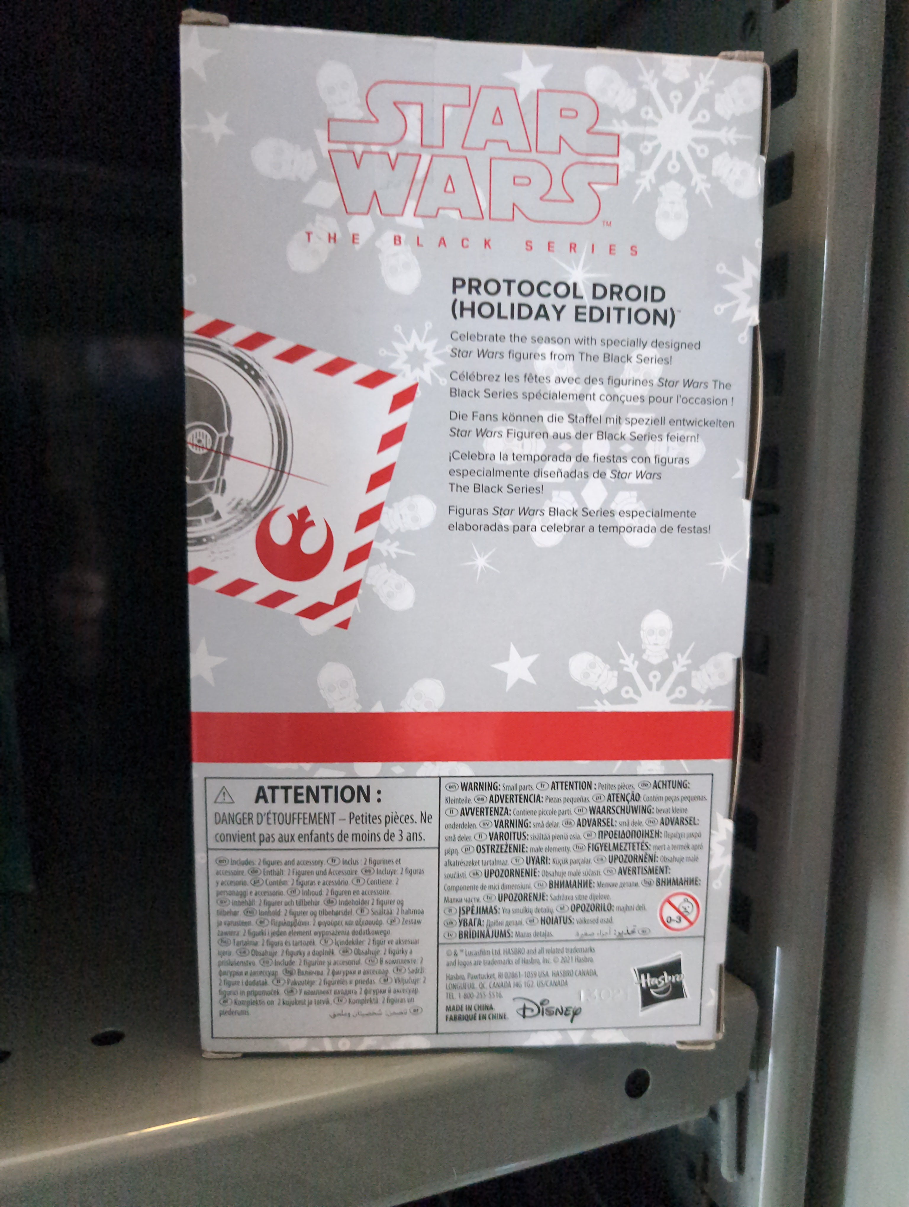 Star Wars Black Series Holiday Edition Protocol Droid figure box by Hasbro with festive snowflake design