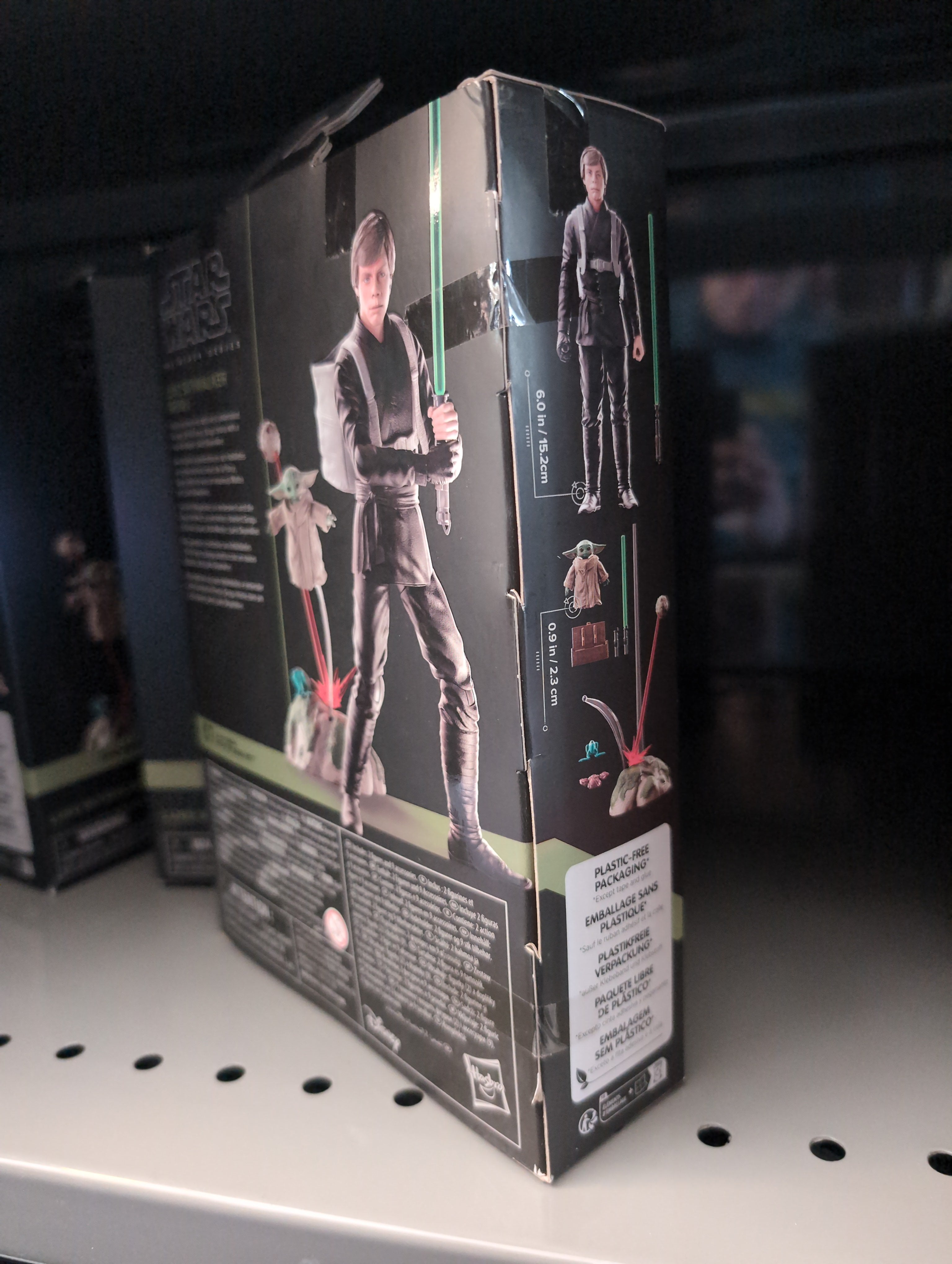 Hasbro Star Wars Black Series Luke Skywalker and Grogu 6-inch action figure set in packaging on shelf