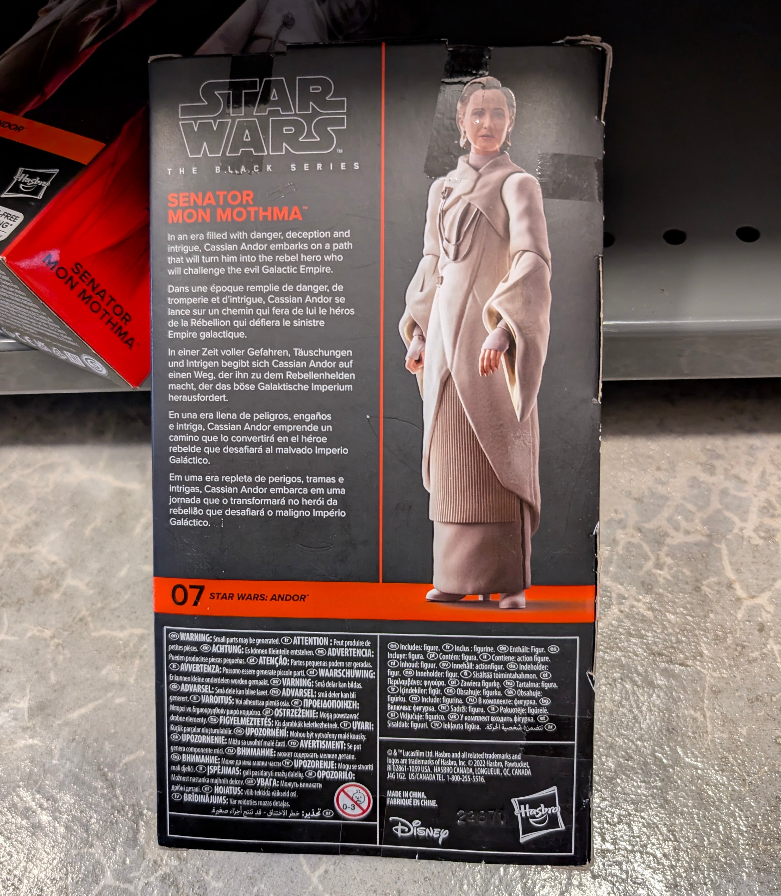 Hasbro Star Wars Black Series Senator Mon Mothma figure box with visible corner tear and surface wear