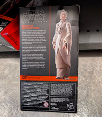 Hasbro Star Wars Black Series Senator Mon Mothma figure box with visible corner tear and surface wear