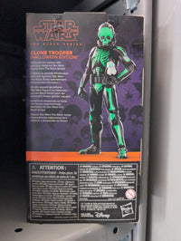 Hasbro Star Wars Black Series Clone Trooper Halloween Edition figure with green skeletal armor design in collector box