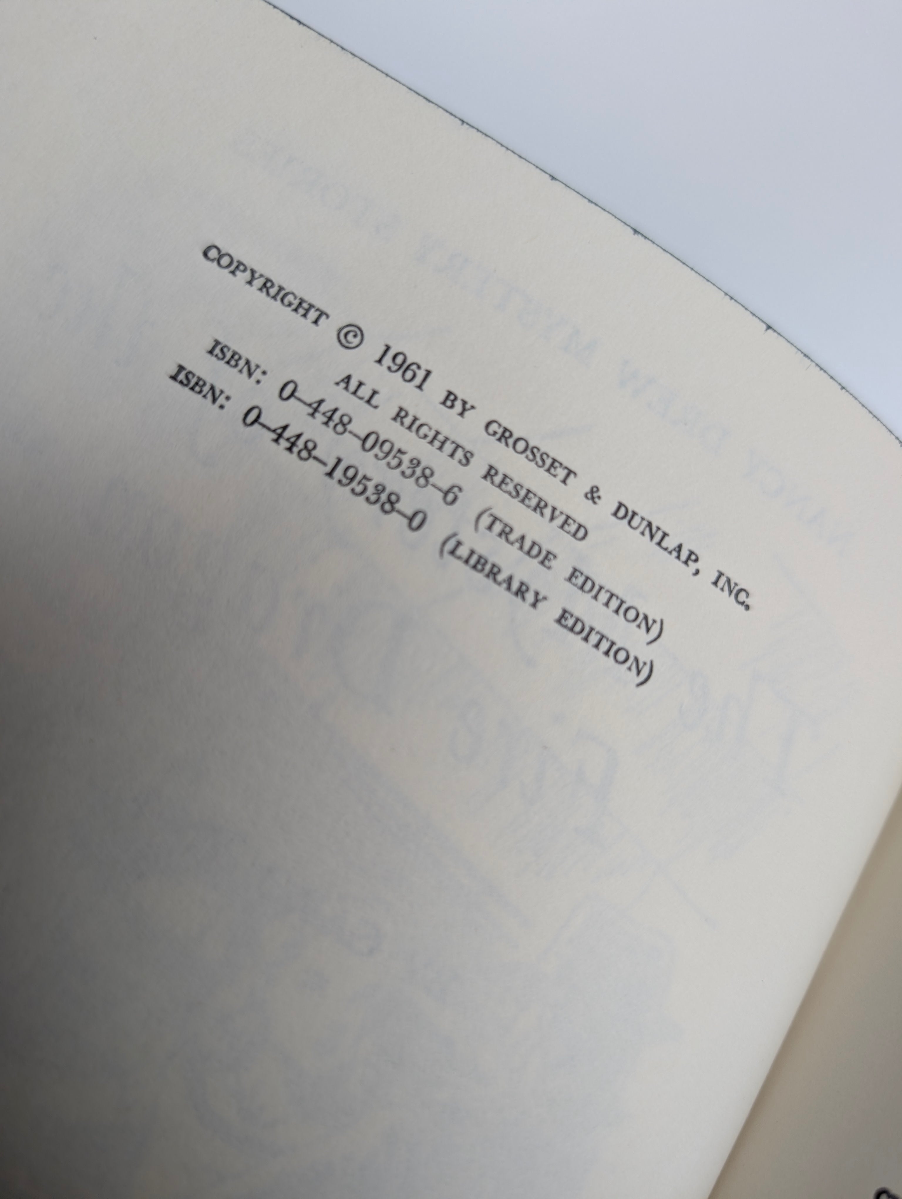 Copyright page of 1961 Nancy Drew The Mystery of the Fire Dragon by Grosset & Dunlap Inc. with ISBNs listed