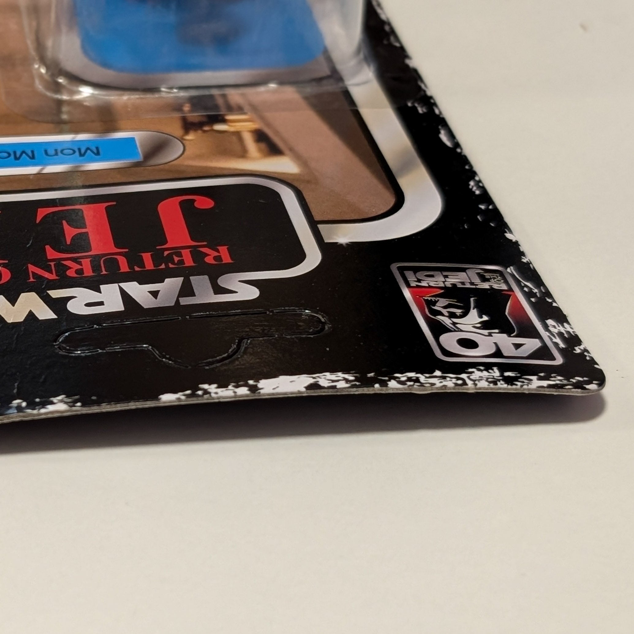 Kenner Star Wars Return of the Jedi Mon Mothma figure packaging corner with worn edges and visible creases