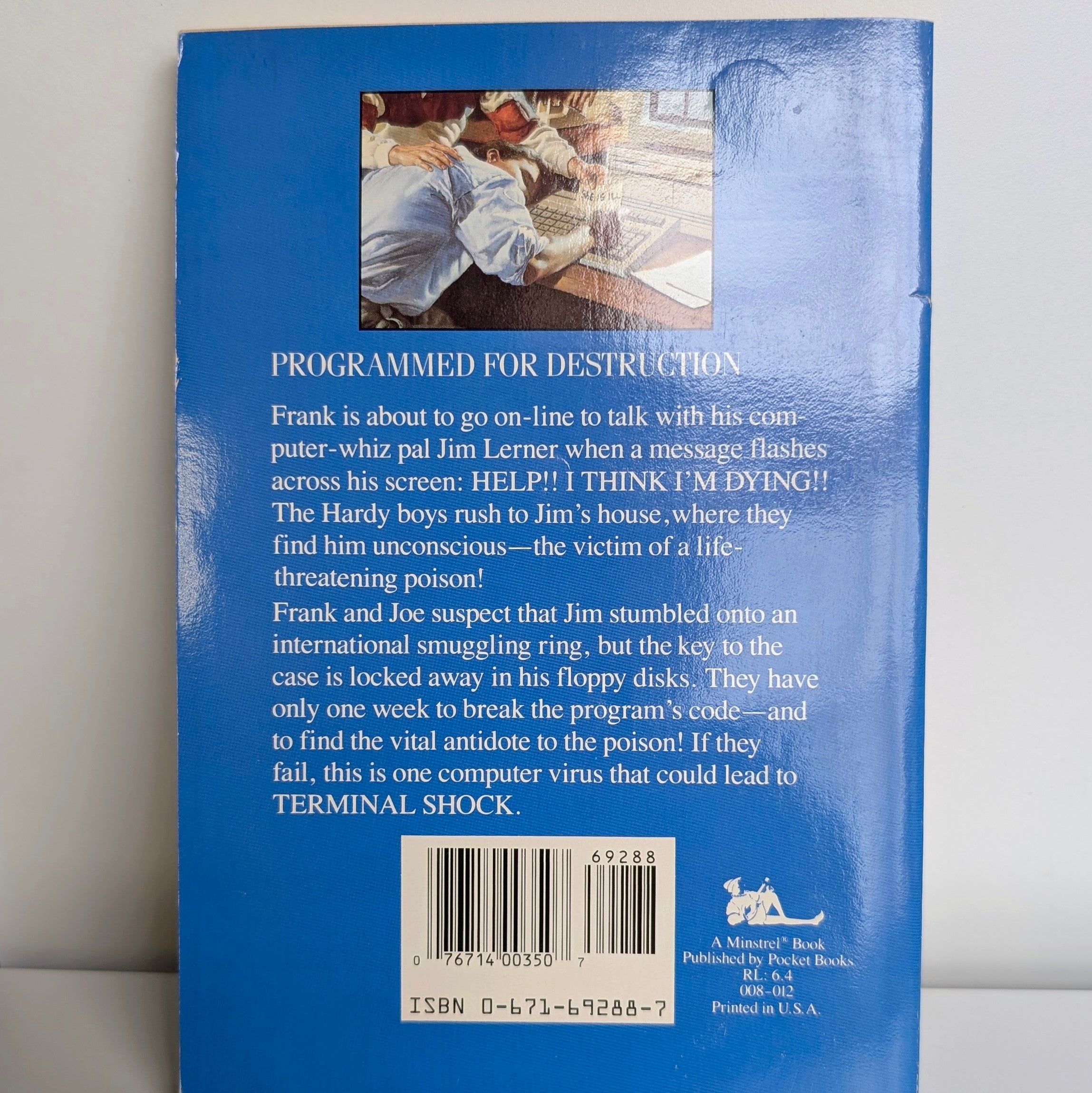 Back cover of 1990 Hardy Boys Terminal Shock paperback by Simon & Schuster with synopsis and barcode details