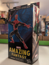 Marvel Legends Amazing Fantasy Spider-Man figure box featuring dynamic Spider-Man and villain artwork.