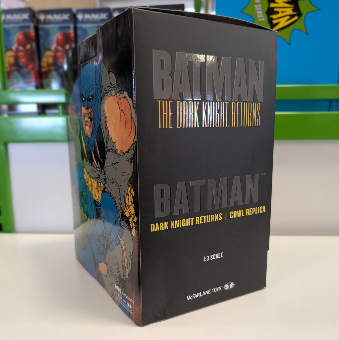 McFarlane Toys DC Direct Prop Replica Batman Dark Knight Returns 1:3 scale cowl black packaging box front and side view