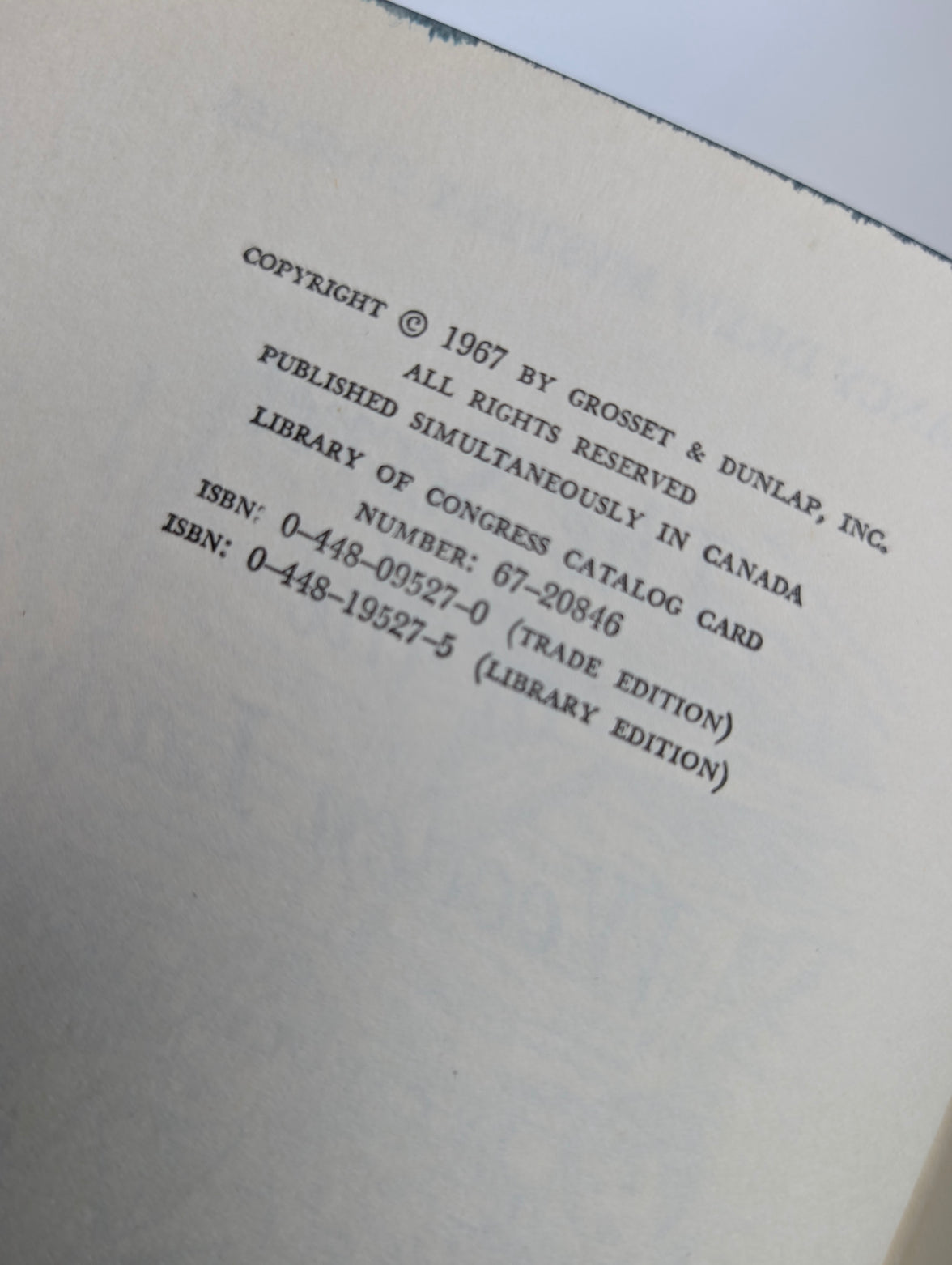 Copyright page of 1967 Nancy Drew The Secret of the Wooden Lady published by Grosset & Dunlap Inc. with ISBN numbers