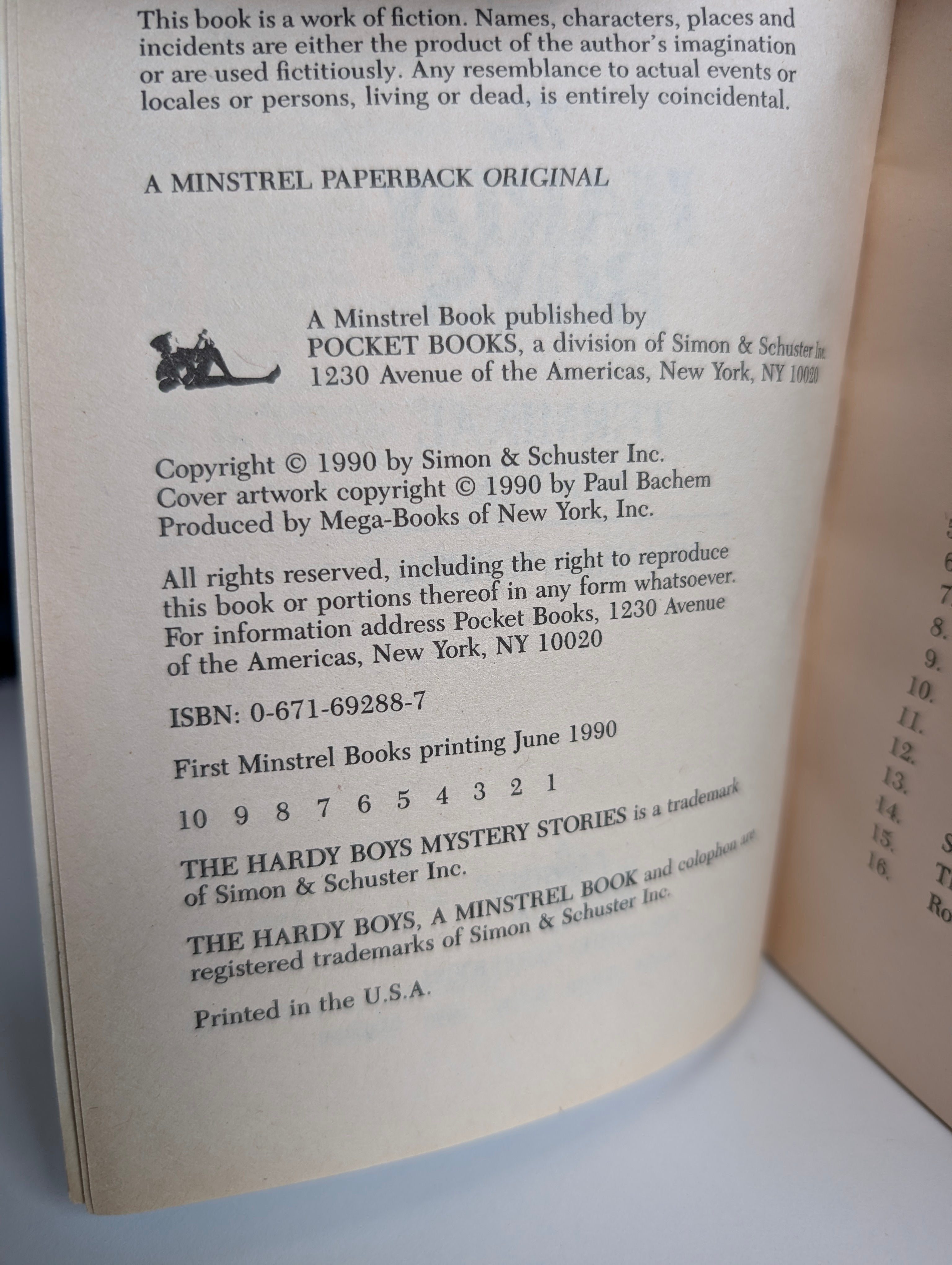 1990 copyright page of Hardy Boys Terminal Shock novel by Simon & Schuster printed in USA with ISBN details