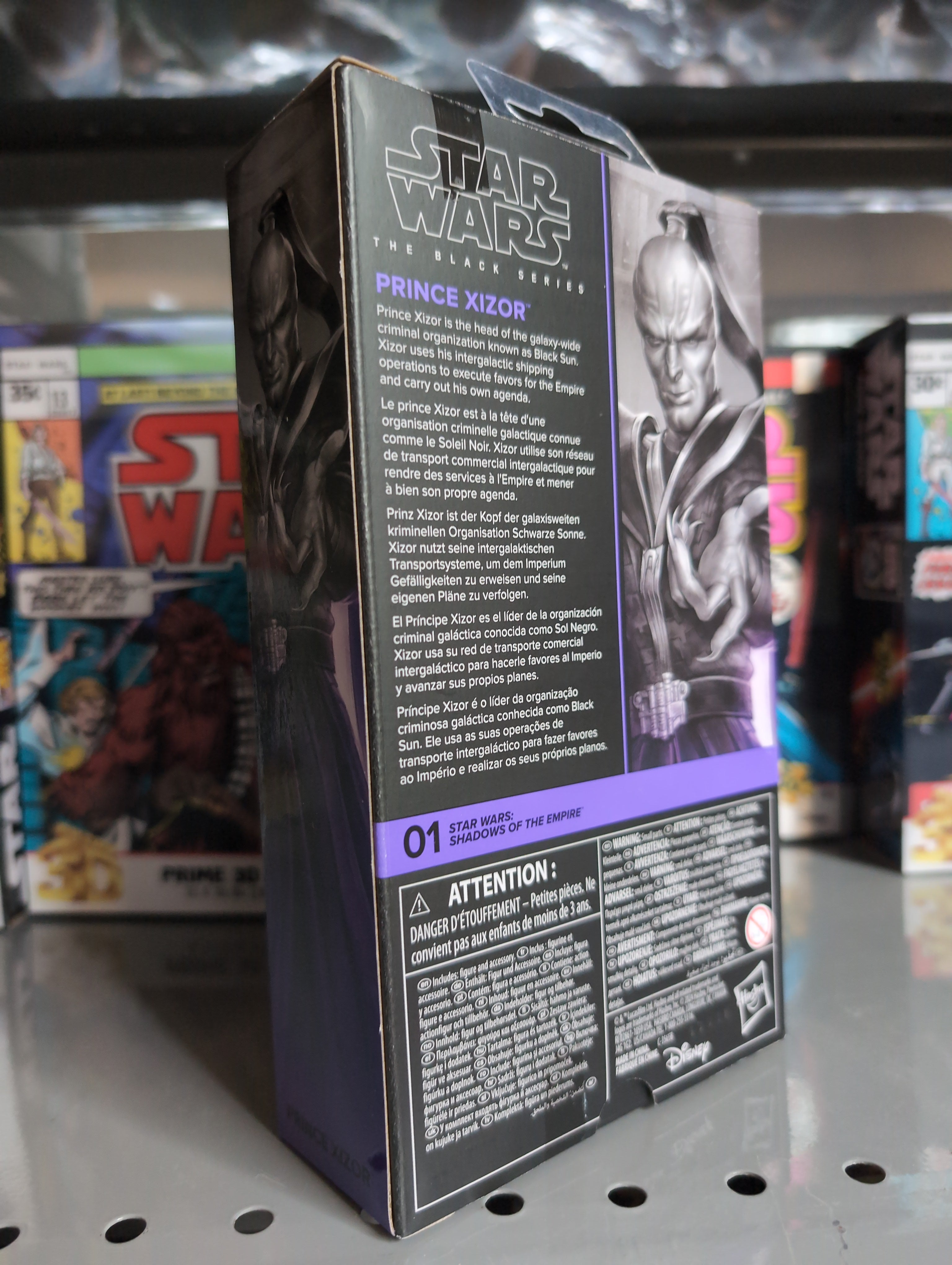 Hasbro Star Wars Black Series Prince Xizor action figure packaging showing detailed character art and description