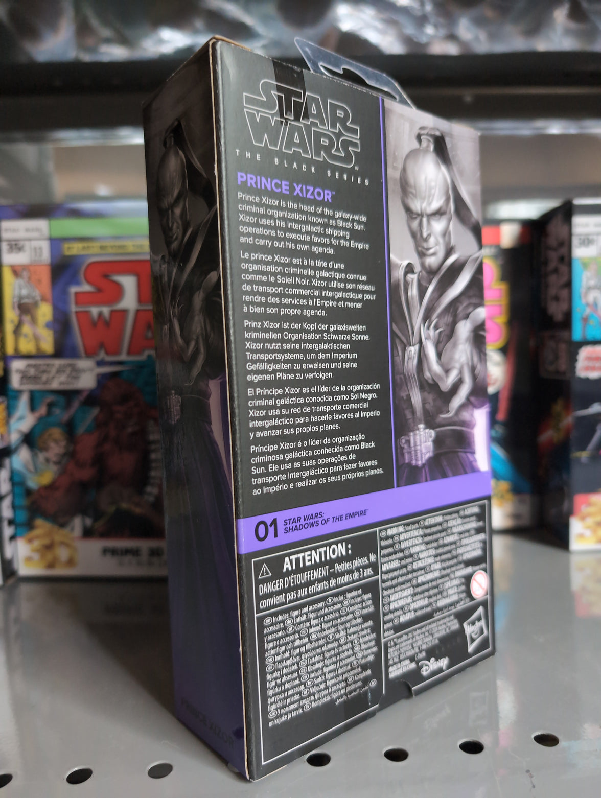 Hasbro Star Wars Black Series Prince Xizor action figure packaging showing detailed character art and description
