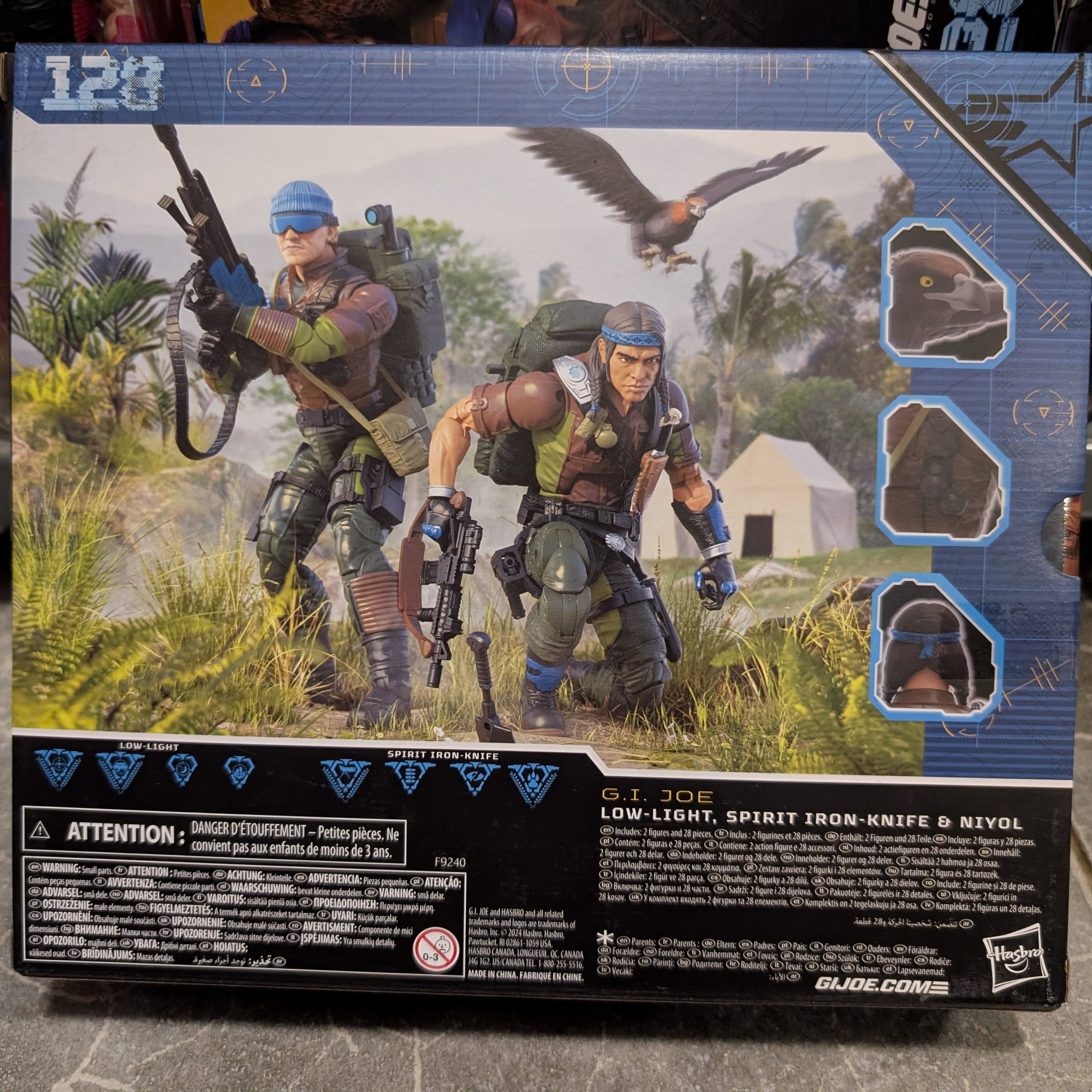 Hasbro G.I. Joe Classified Series Low-Light, Spirit Iron-Knife and Niyol action figures in jungle setting packaging back view