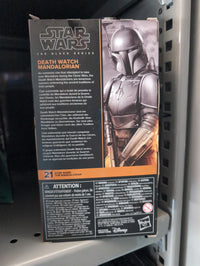 Hasbro Star Wars Black Series Death Watch Mandalorian figure packaging showing detailed character art and product information.