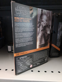 Hasbro Star Wars Black Series Boba Fett Tython-Armor action figure packaging with character bio and artwork on shelf display.