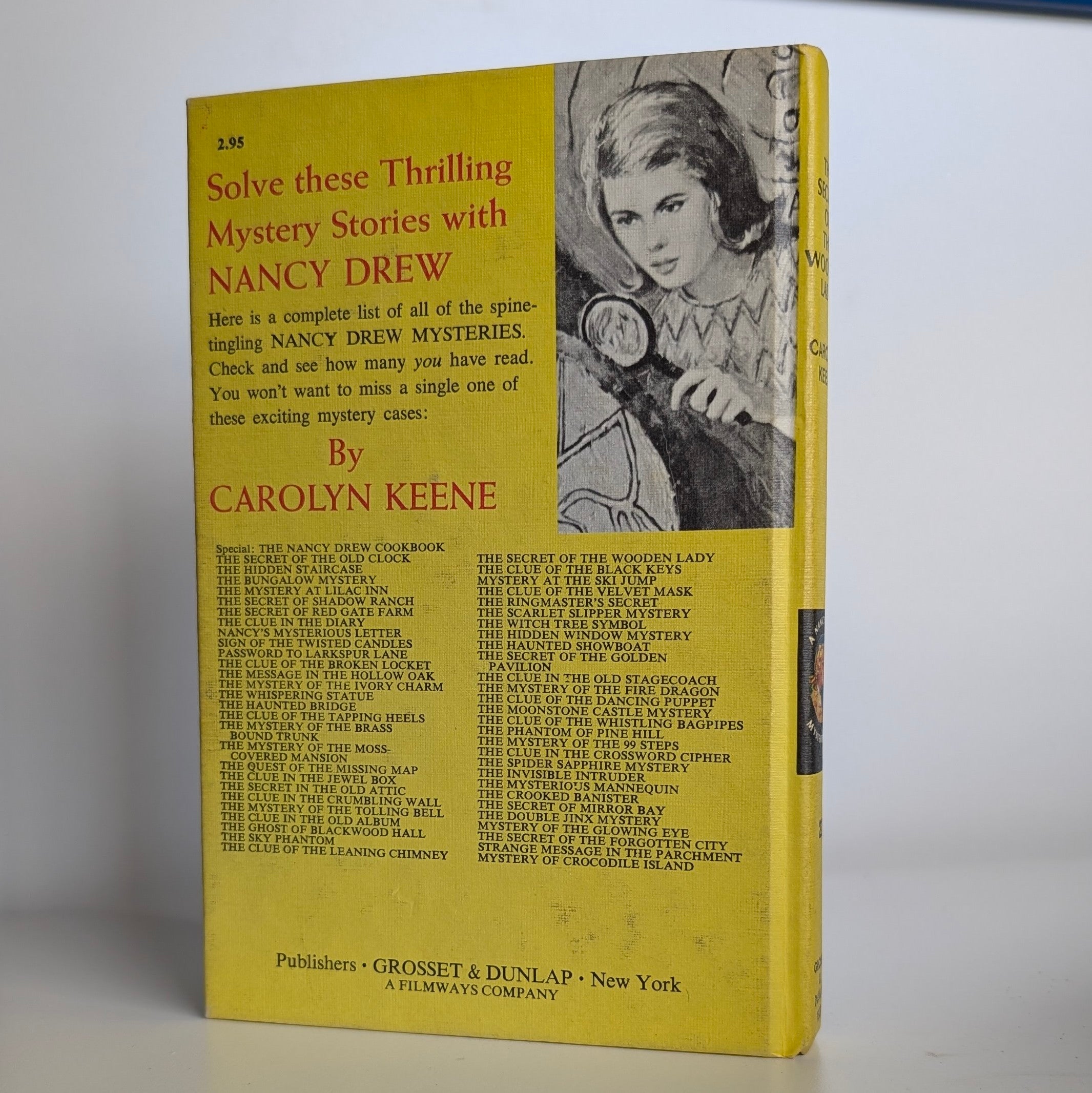 Vintage 1967 Nancy Drew The Secret of the Wooden Lady yellow hardcover by Grosset & Dunlap Inc. back cover view