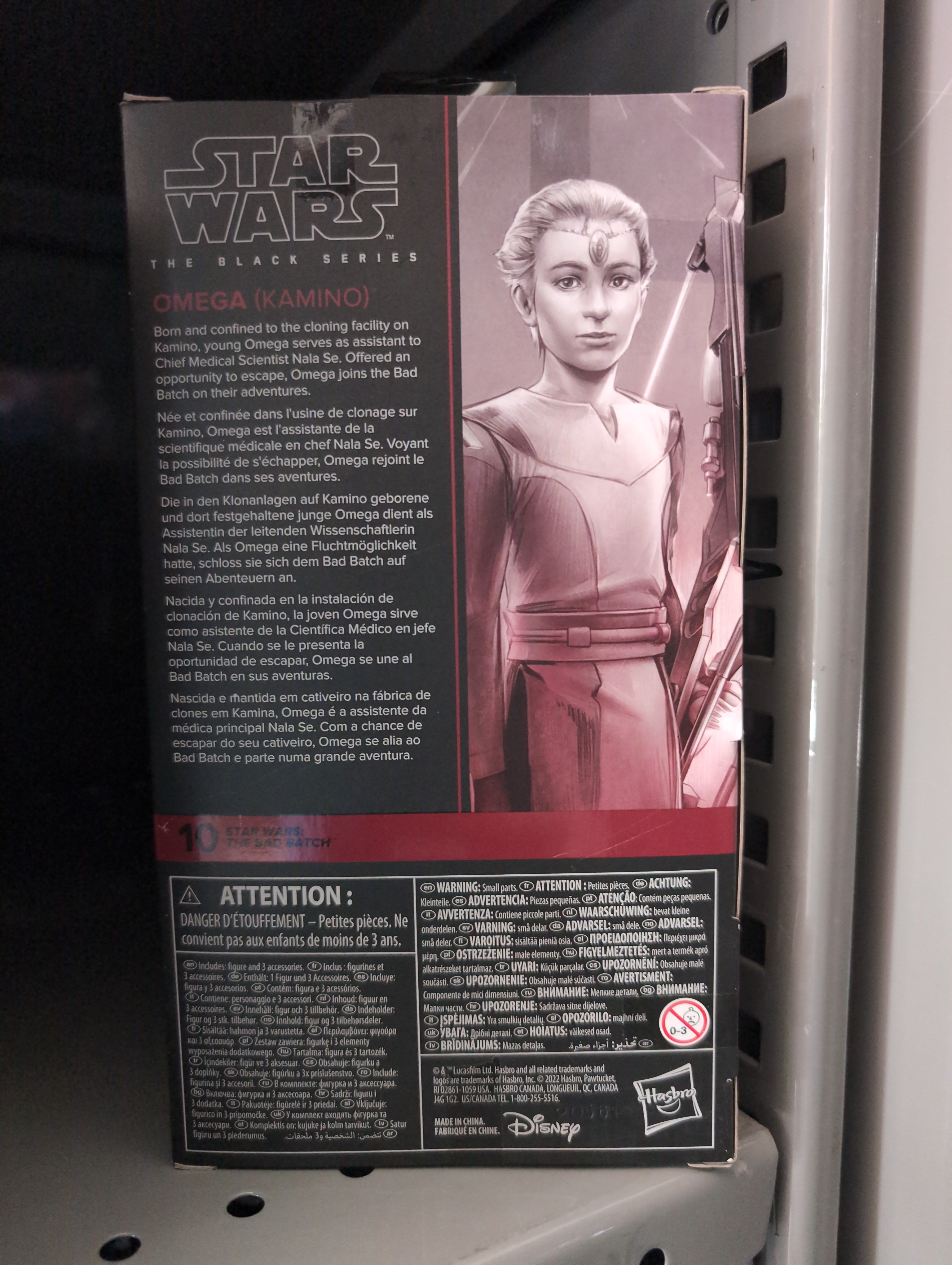 Hasbro Star Wars Black Series Omega Kamino action figure with detailed artwork and bio on back of packaging