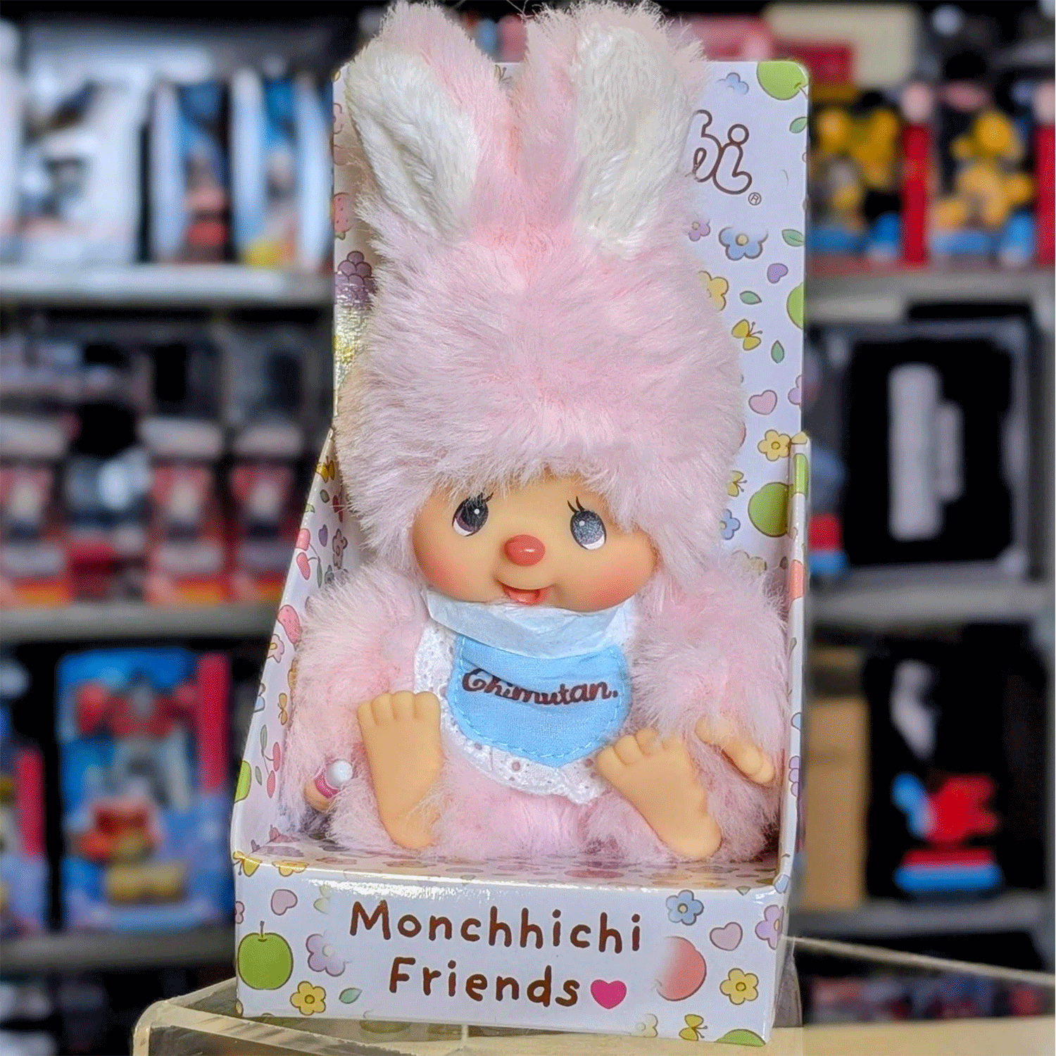 4.75 inch Sekiguchi Monchhichi Chimutan plush doll in pastel pink bunny costume in original colorful box