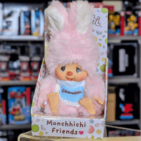 4.75 inch Sekiguchi Monchhichi Chimutan plush doll in pastel pink bunny costume in original colorful box