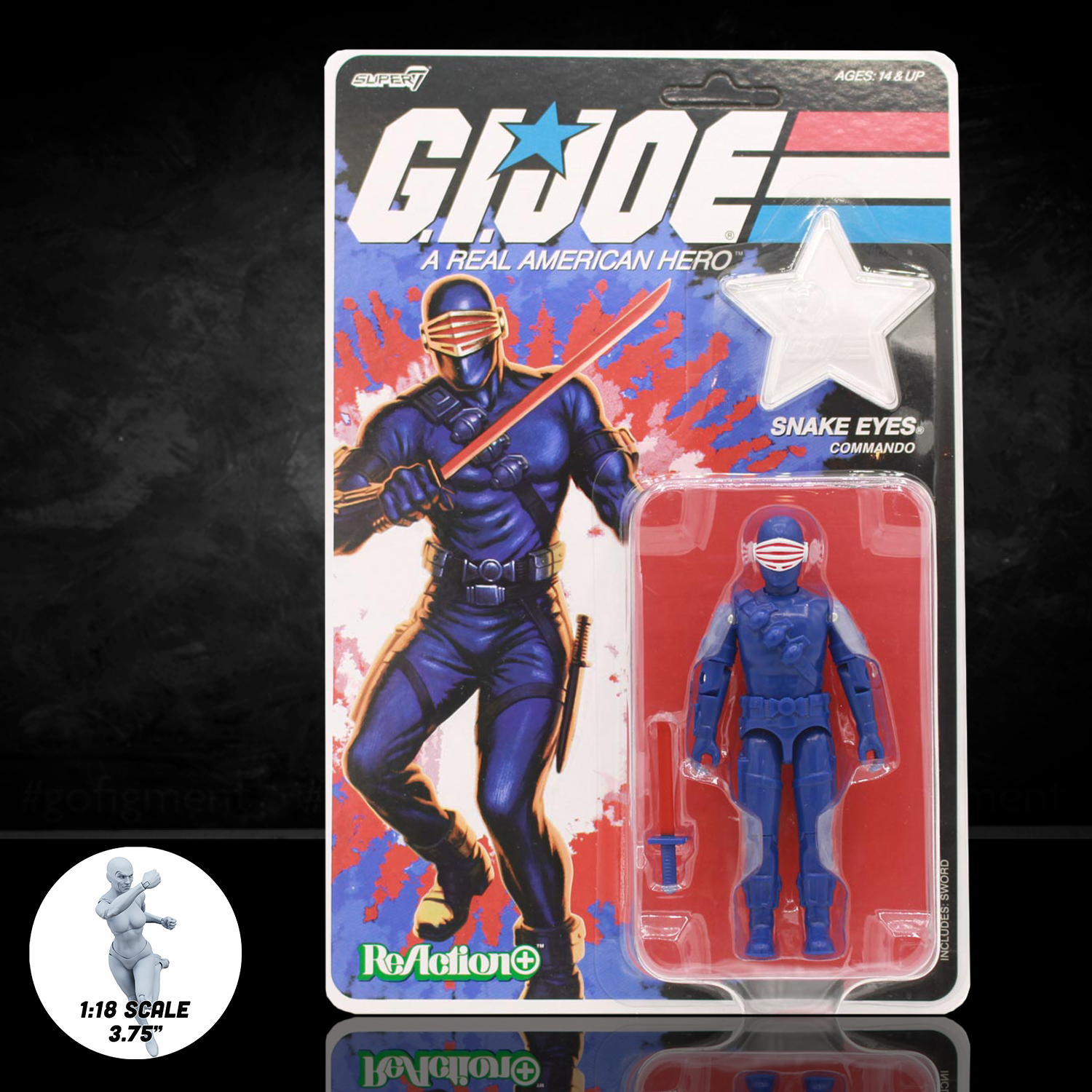G.I. Joe Snake Eyes (America's 250th Anniversary) 3 3/4-Inch ReAction+ Figure by Super7 new in packaging with sword accessory