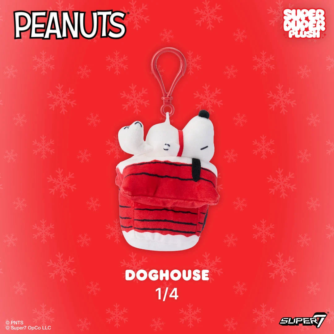 Snoopy on Doghouse Peanuts Super Duper Plush Holiday Keychain Super7 in red doghouse design