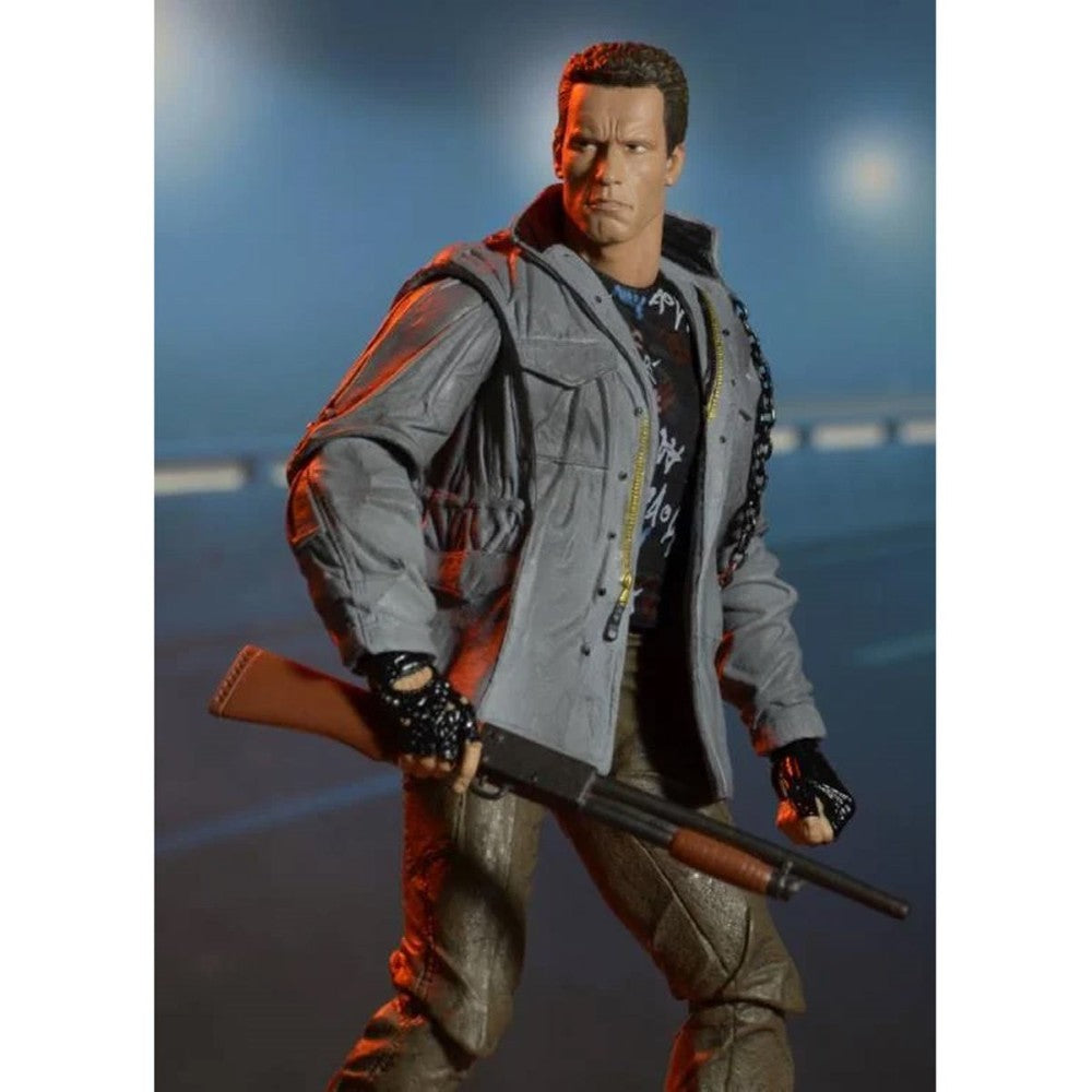 The Terminator T-800 Tech Noir Ultimate 7-Inch Scale Action Figure NECA holding a shotgun in detailed outfit outdoors at night