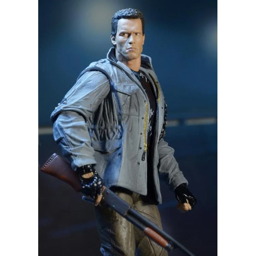 The Terminator T-800 Tech Noir Ultimate 7-Inch Scale Action Figure NECA holding a detailed rifle in gray jacket and gloves.