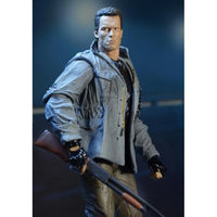 The Terminator T-800 Tech Noir Ultimate 7-Inch Scale Action Figure NECA holding a detailed rifle in gray jacket and gloves.
