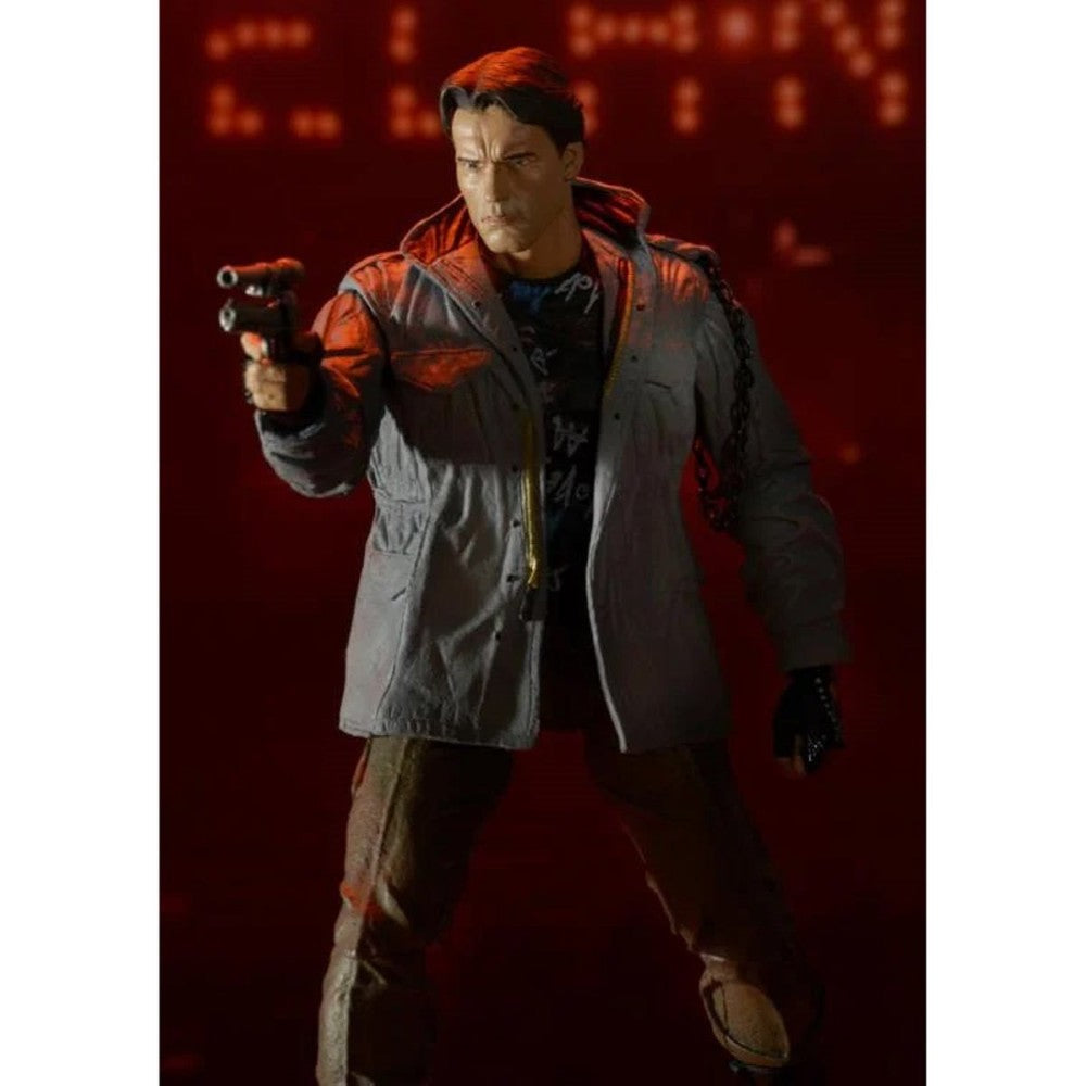 The Terminator T-800 Tech Noir Ultimate 7-Inch Scale Action Figure NECA posed with gun in dark jacket and pants on red background