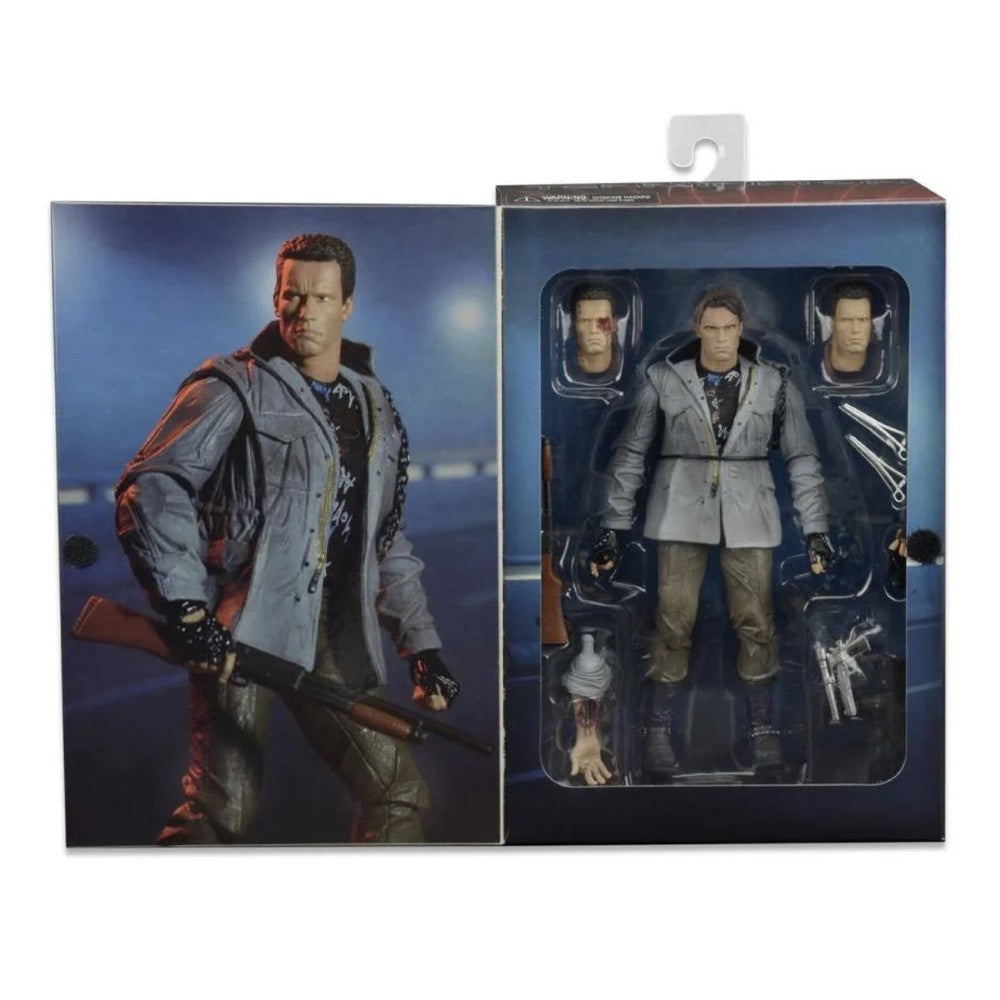 The Terminator T-800 Tech Noir Ultimate 7-Inch Scale Action Figure NECA with multiple accessories and alternate heads in packaging
