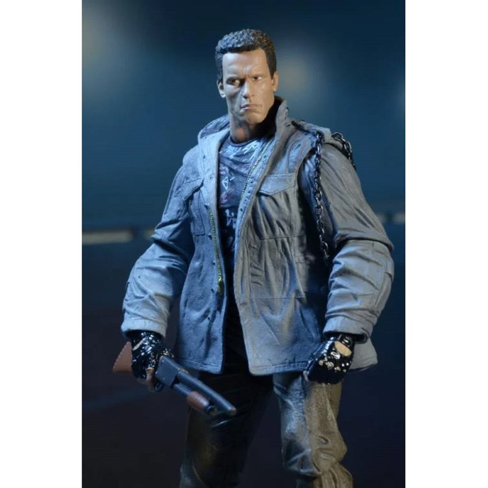 The Terminator T-800 Tech Noir Ultimate 7-Inch Scale Action Figure NECA holding a weapon in a gray jacket by Neca.