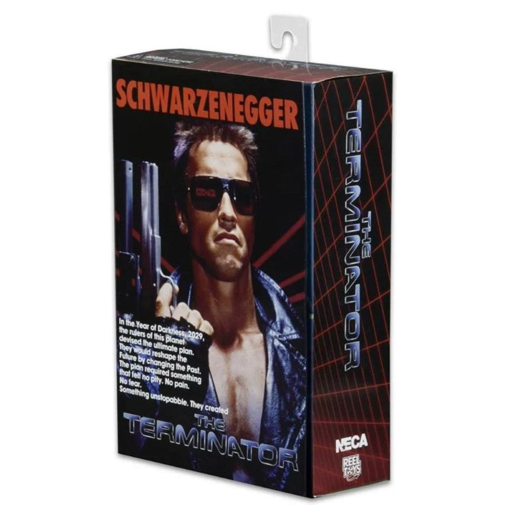 The Terminator T-800 Tech Noir Ultimate 7-Inch Scale Action Figure NECA packaged with dark background and red text design