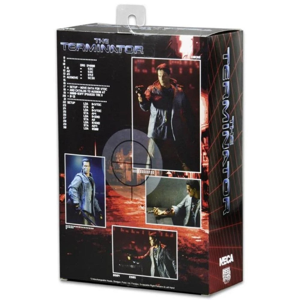 The Terminator T-800 Tech Noir Ultimate 7-Inch Scale Action Figure NECA packaging rear with character images and branding.
